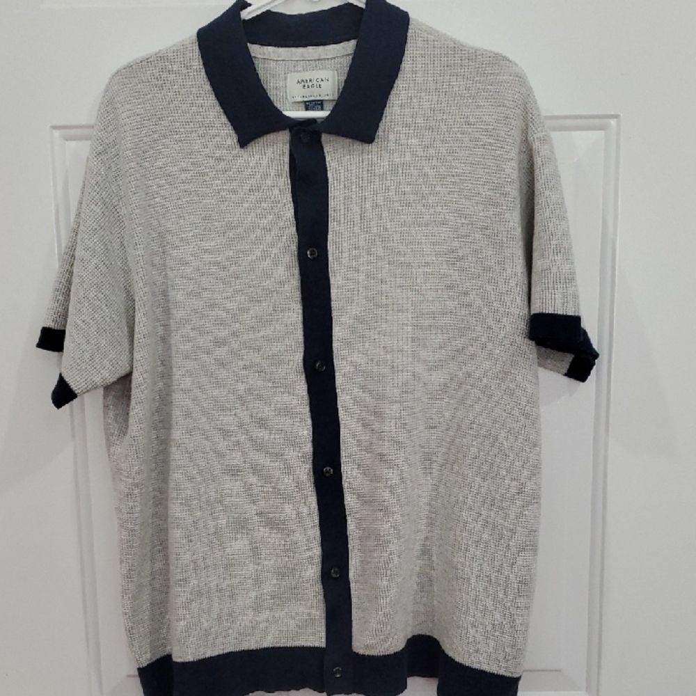 American Eagle Outfitters Gray and Navy Knit Polo Sweater - Picture 6 of 10